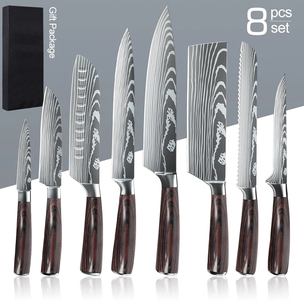 1-10PCS Chef Knife Japanese Kitchen Knives Set Professional Laser Damascus Pattern Stainless Steel Meat Cleaver Slicer Knife