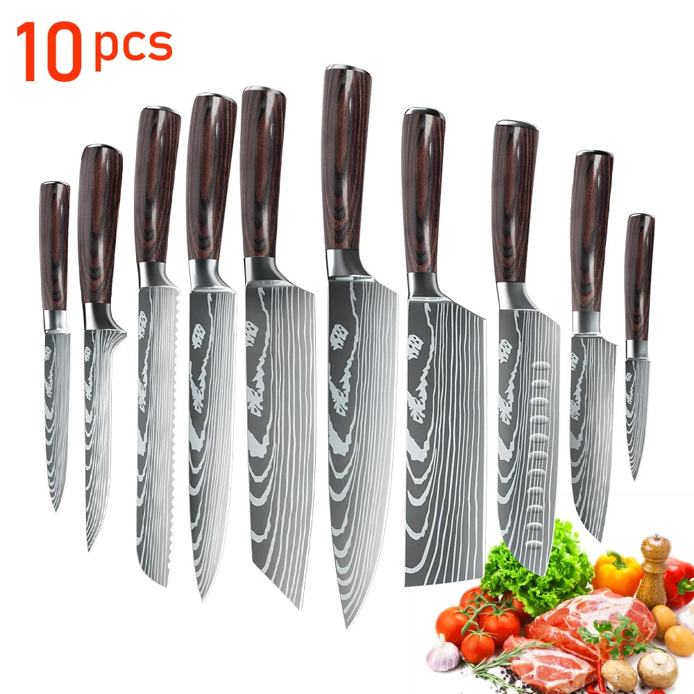 1-10PCS Chef Knife Japanese Kitchen Knives Set Professional Laser Damascus Pattern Stainless Steel Meat Cleaver Slicer Knife