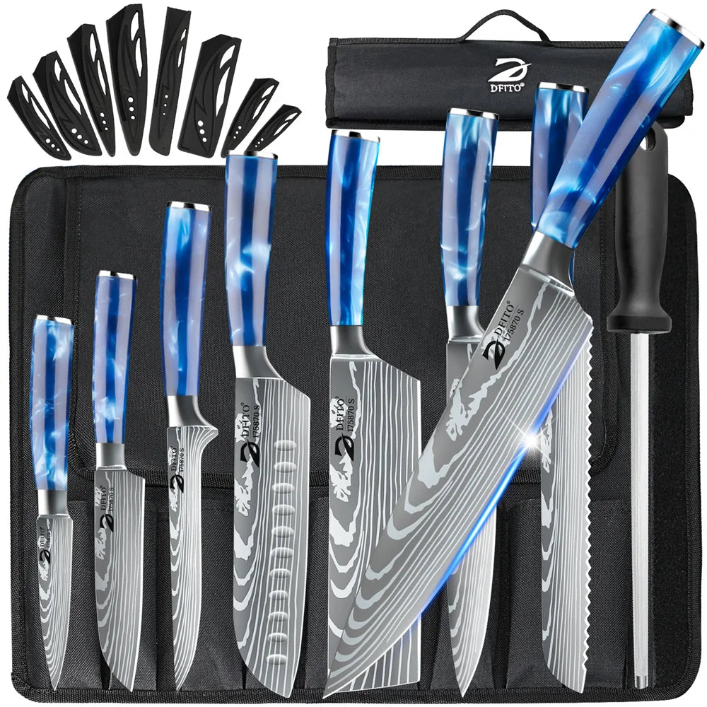 8pcs Kitchen Knife Damascus Stainless Steel Chef Knife Utility Paring Boning Cleaver Slicing Santoku Knives With Nylon Bag