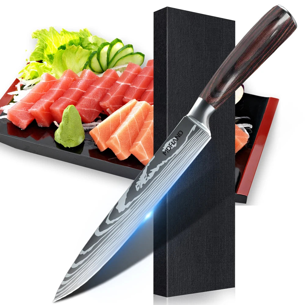 1-10PCS Chef Knife Japanese Kitchen Knives Set Professional Laser Damascus Pattern Stainless Steel Meat Cleaver Slicer Knife