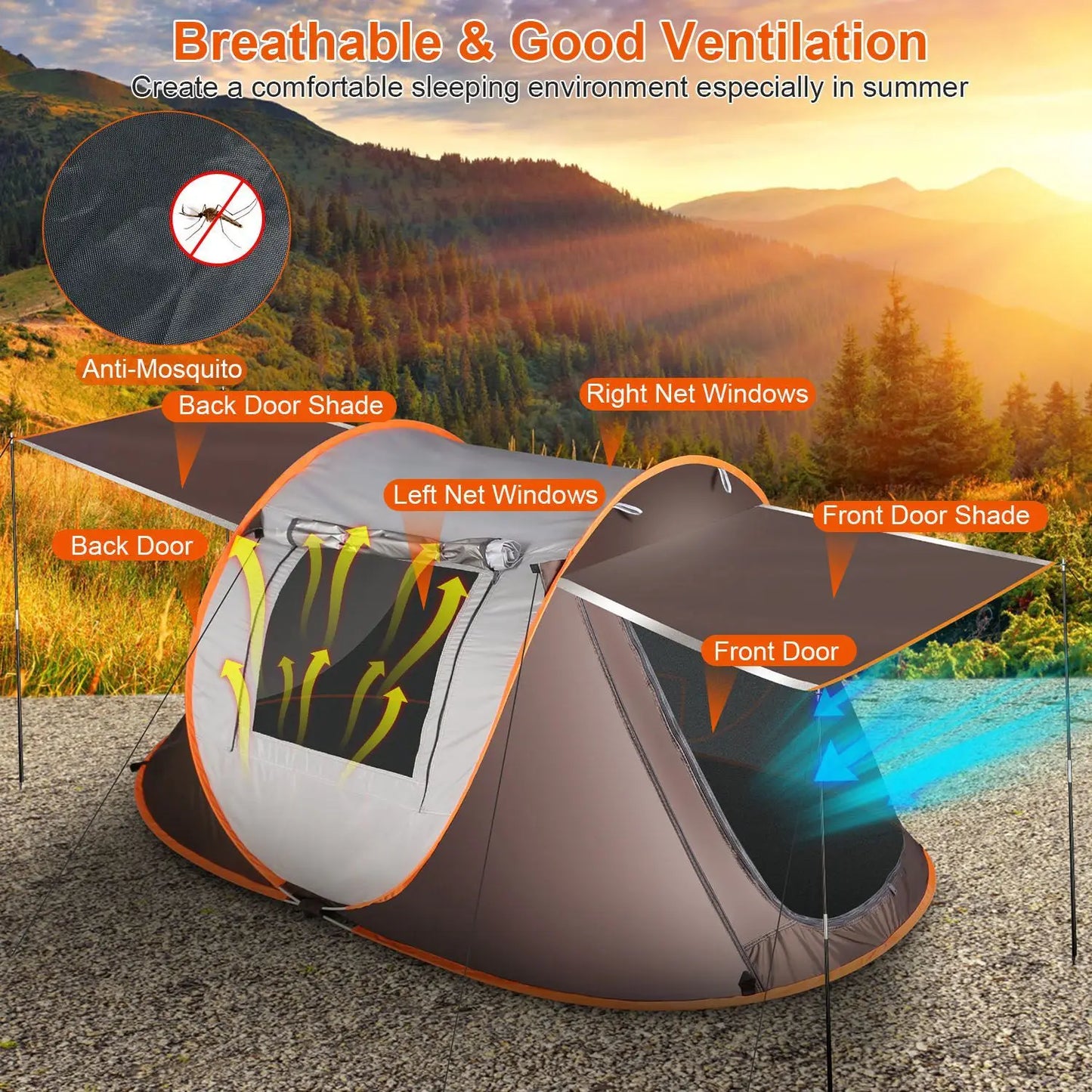 3-4 Person Pop Up Tent Automatic Setup Camping Tent Instant Setup with 4 Tent Poles
