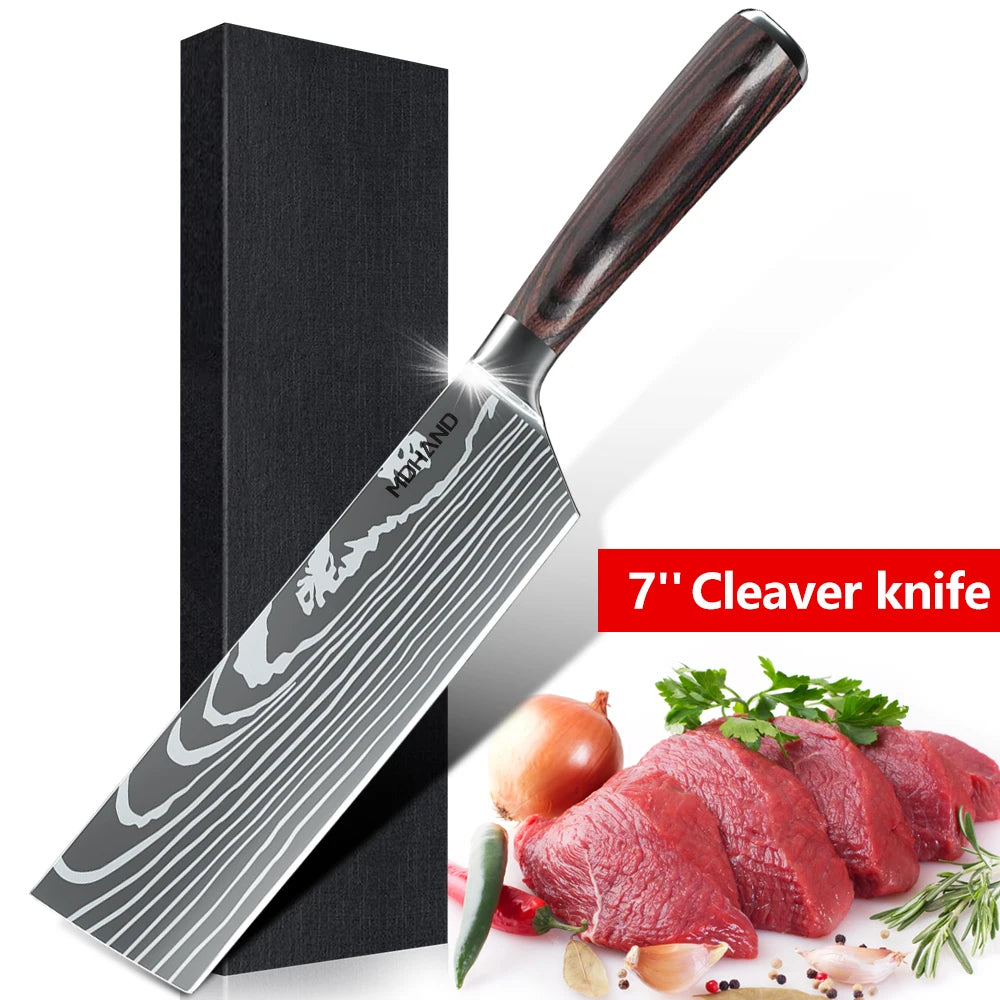 1-10PCS Chef Knife Japanese Kitchen Knives Set Professional Laser Damascus Pattern Stainless Steel Meat Cleaver Slicer Knife