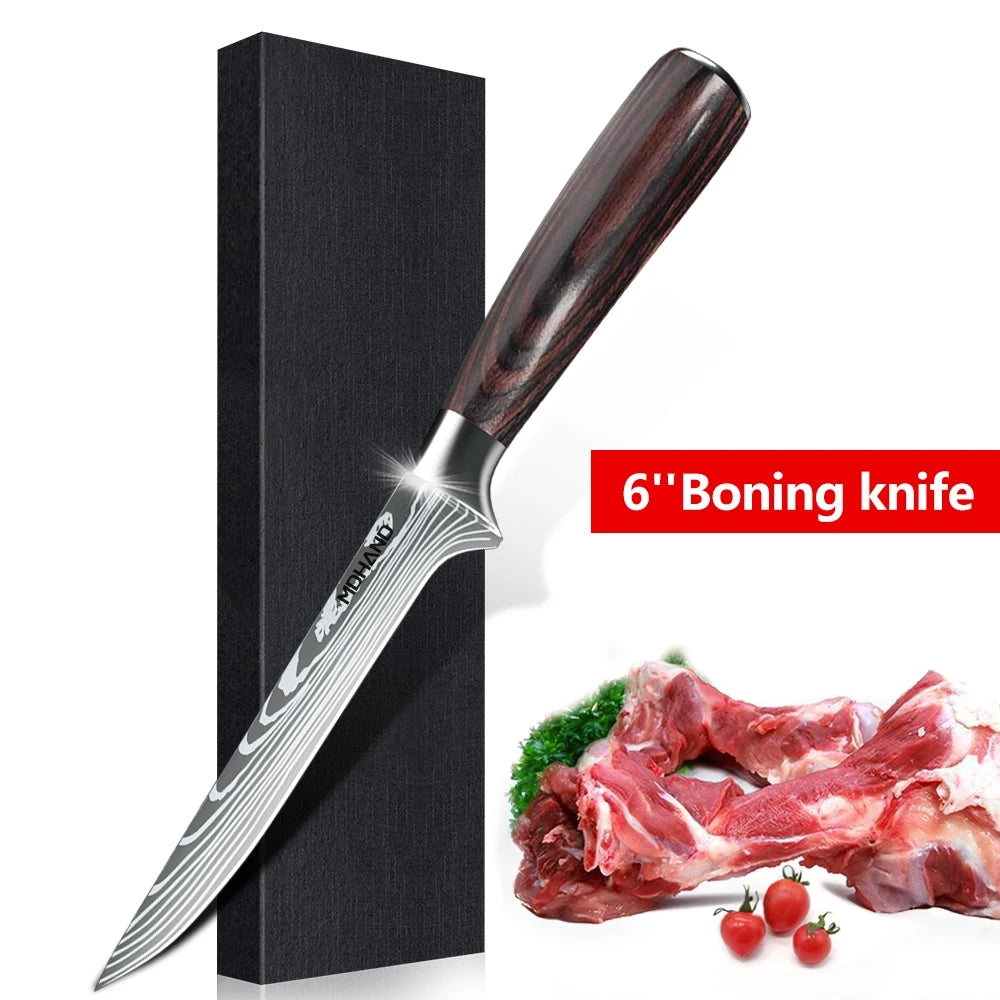 1-10PCS Chef Knife Japanese Kitchen Knives Set Professional Laser Damascus Pattern Stainless Steel Meat Cleaver Slicer Knife