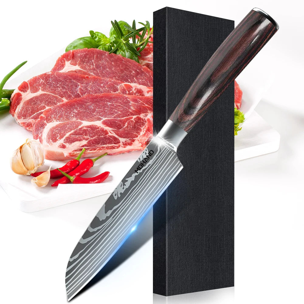 1-10PCS Chef Knife Japanese Kitchen Knives Set Professional Laser Damascus Pattern Stainless Steel Meat Cleaver Slicer Knife