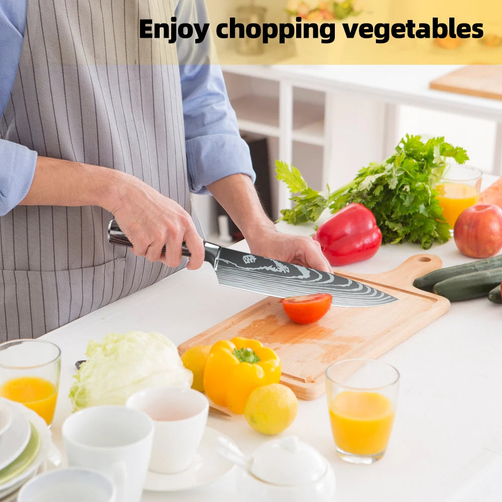 1-10PCS Chef Knife Japanese Kitchen Knives Set Professional Laser Damascus Pattern Stainless Steel Meat Cleaver Slicer Knife