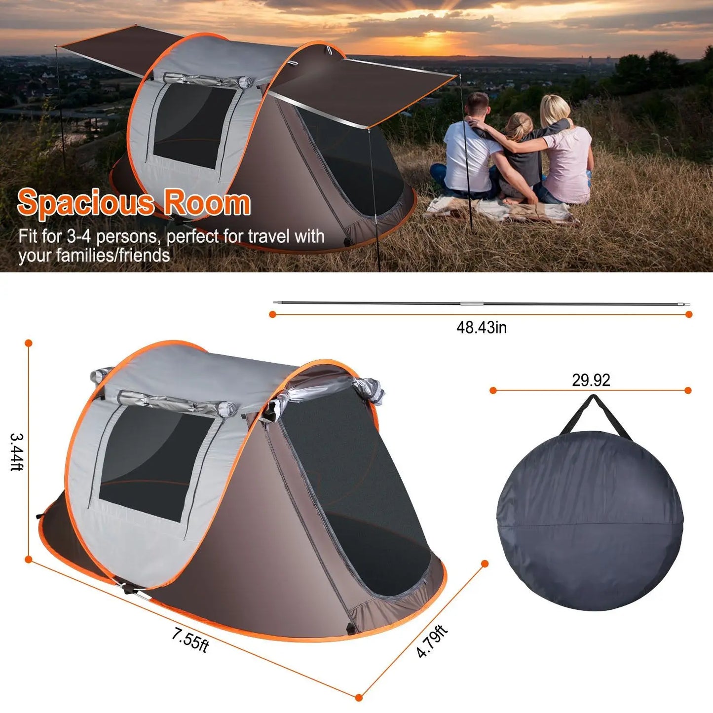 3-4 Person Pop Up Tent Automatic Setup Camping Tent Instant Setup with 4 Tent Poles