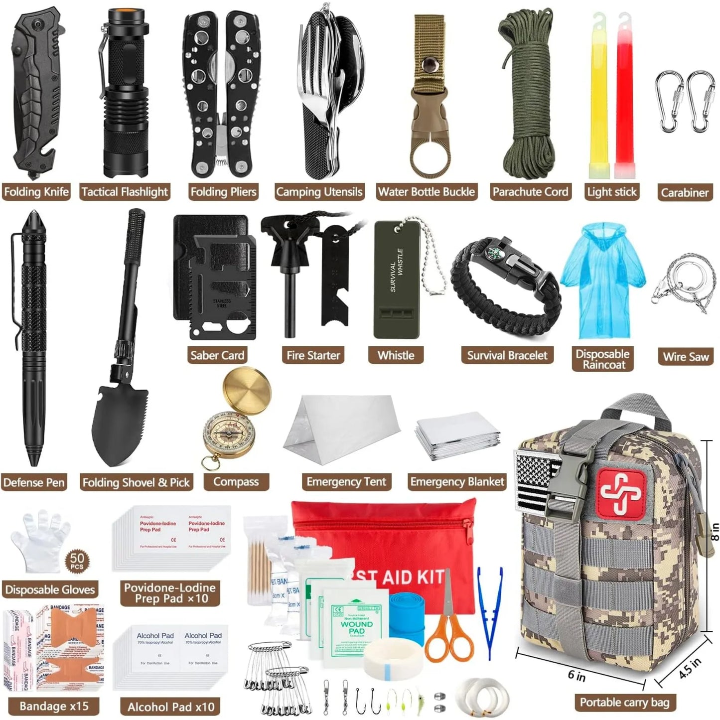 238 Pcs Emergency Survival Kit with Tactical Molle Pouch and Emergency Tent for Earthquake Preparedness