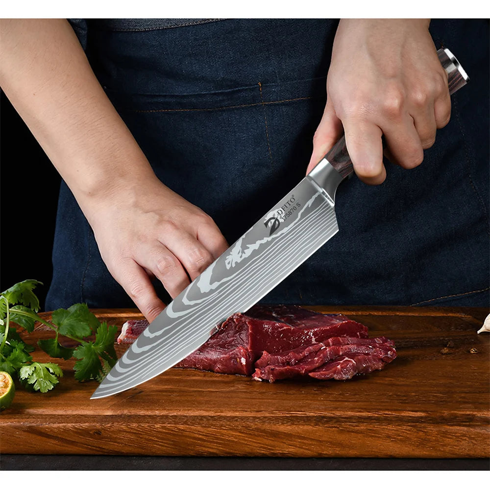 8pcs Kitchen Knife Damascus Stainless Steel Chef Knife Utility Paring Boning Cleaver Slicing Santoku Knives With Nylon Bag