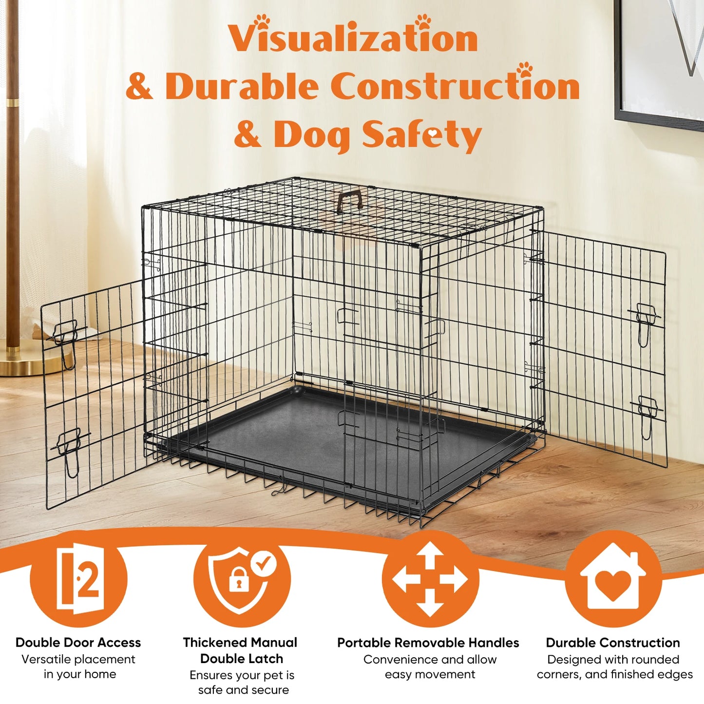 JHK Double Door Folding Metal Wire Dog Cage Extra Large Kennel