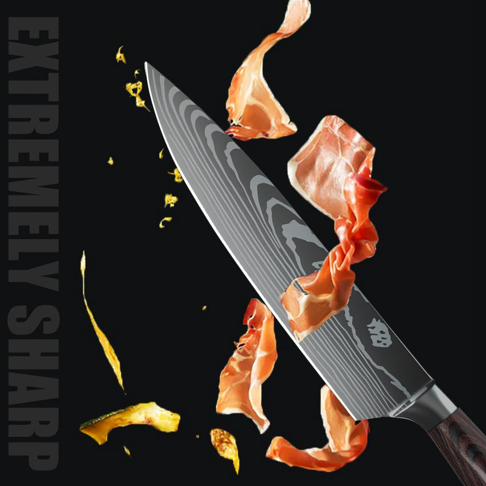 1-10PCS Chef Knife Japanese Kitchen Knives Set Professional Laser Damascus Pattern Stainless Steel Meat Cleaver Slicer Knife