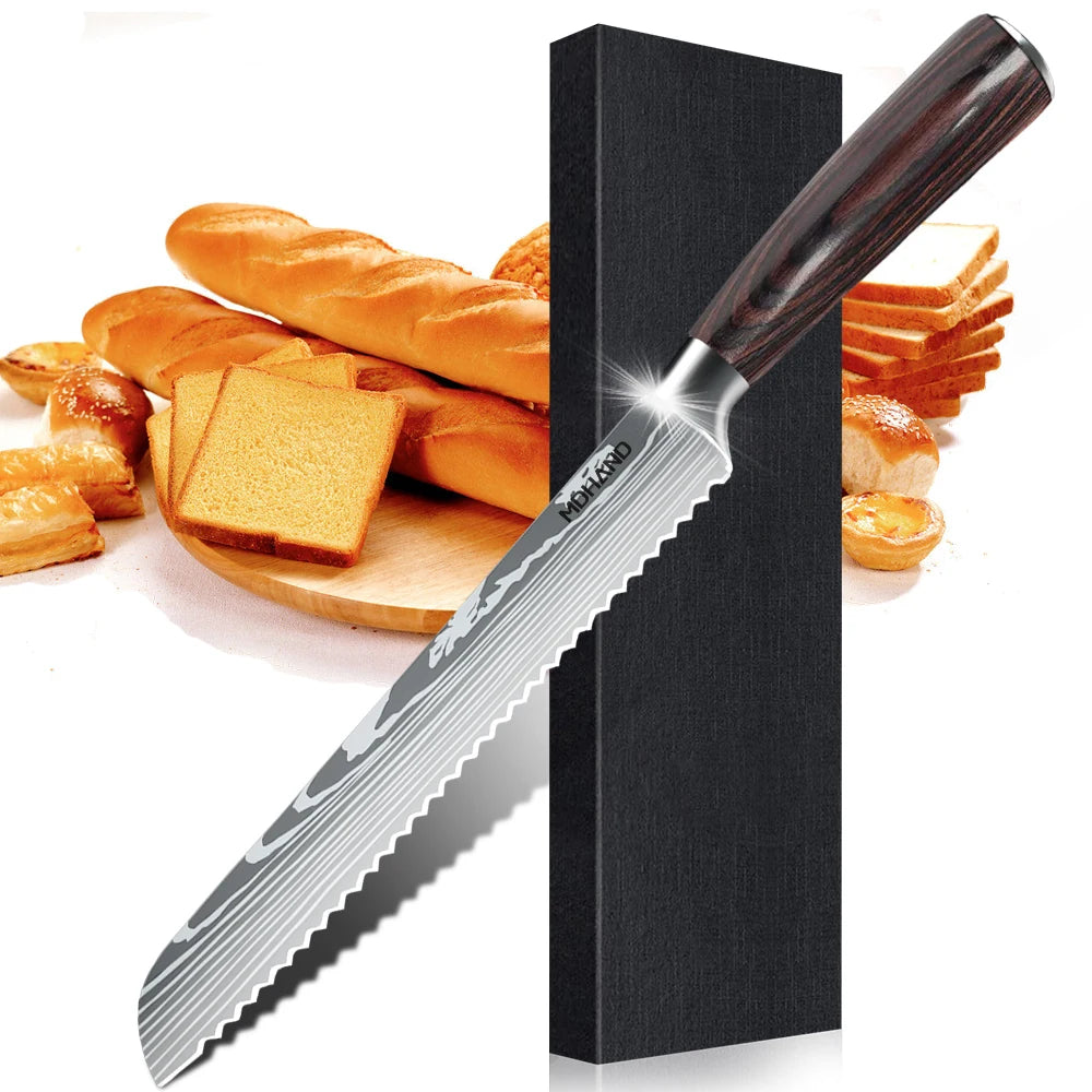 1-10PCS Chef Knife Japanese Kitchen Knives Set Professional Laser Damascus Pattern Stainless Steel Meat Cleaver Slicer Knife