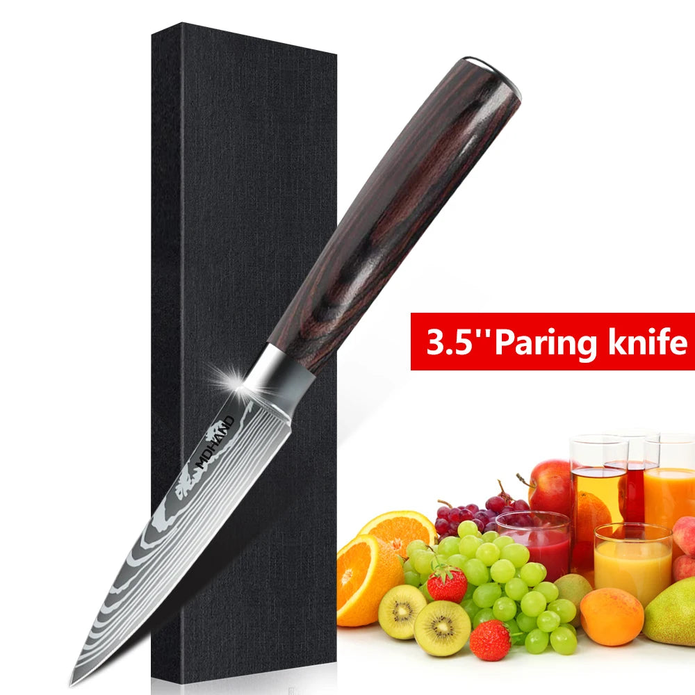 1-10PCS Chef Knife Japanese Kitchen Knives Set Professional Laser Damascus Pattern Stainless Steel Meat Cleaver Slicer Knife