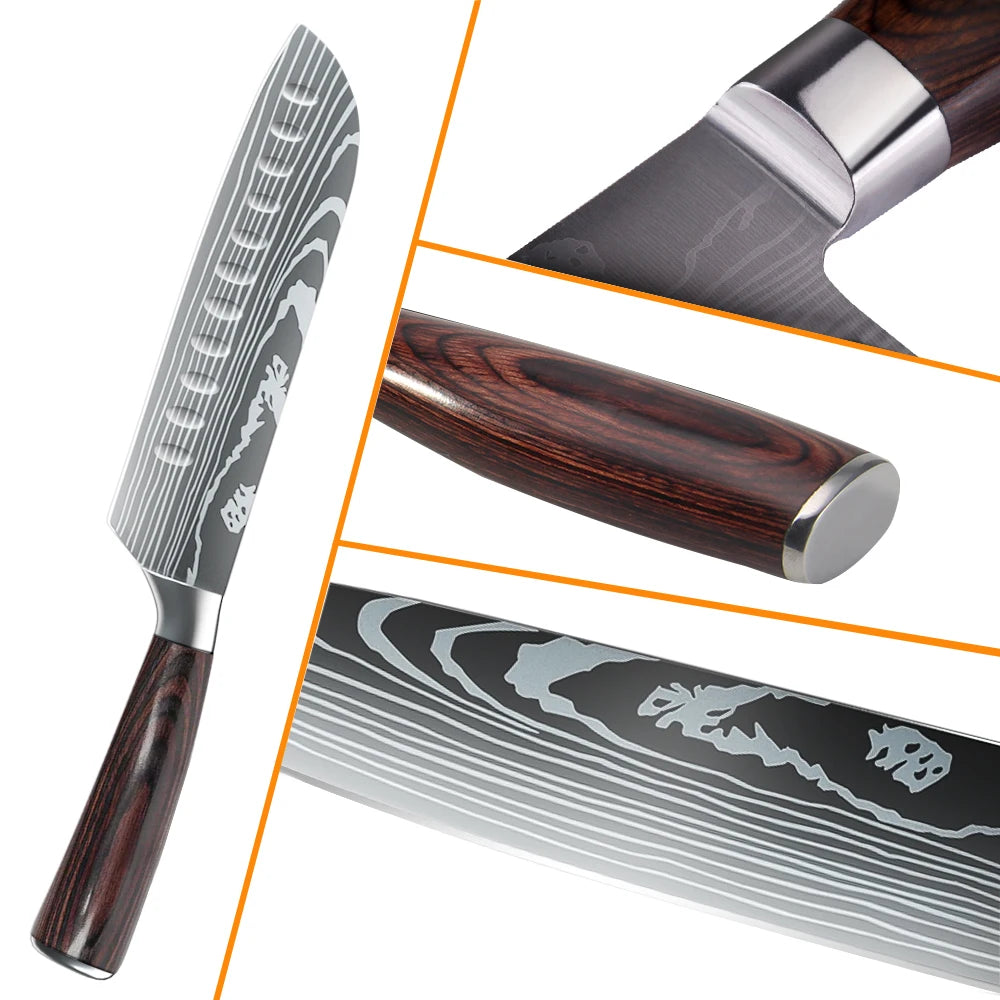 1-10PCS Chef Knife Japanese Kitchen Knives Set Professional Laser Damascus Pattern Stainless Steel Meat Cleaver Slicer Knife