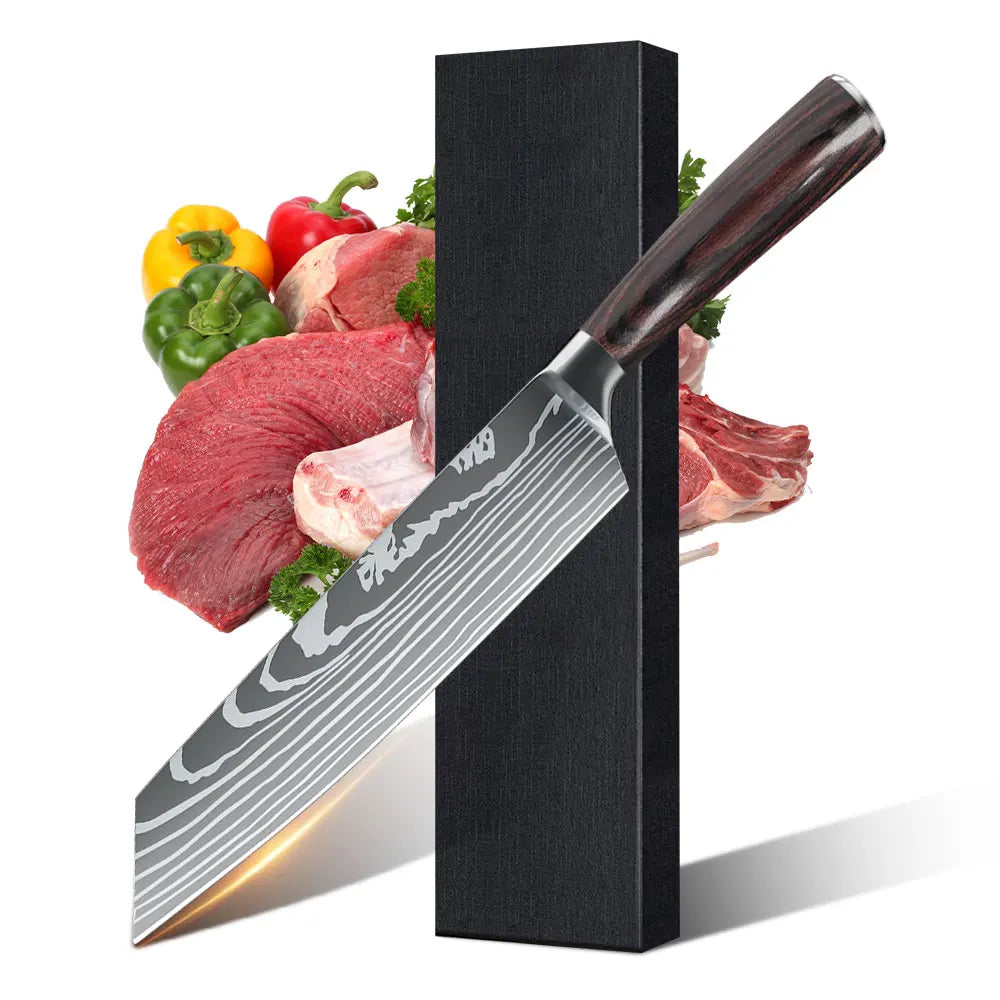1-10PCS Chef Knife Japanese Kitchen Knives Set Professional Laser Damascus Pattern Stainless Steel Meat Cleaver Slicer Knife