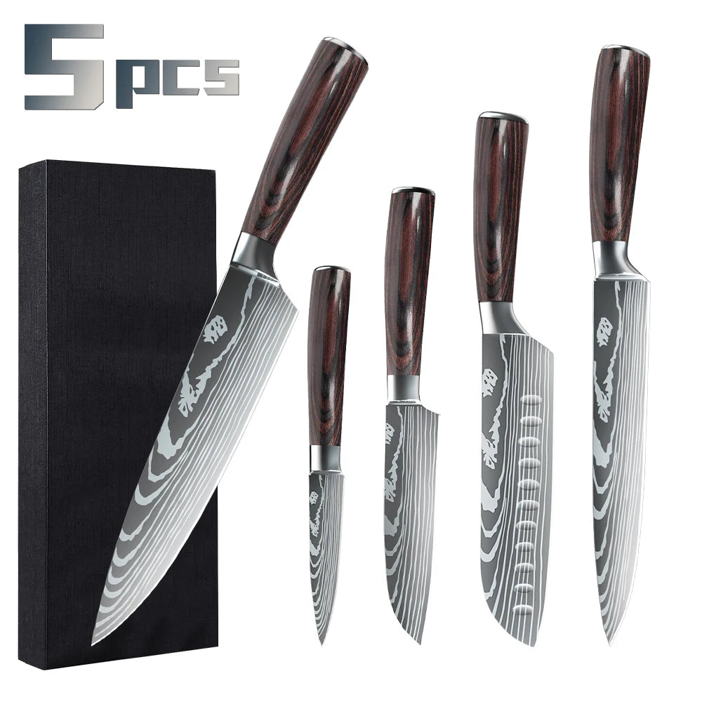 1-10PCS Chef Knife Japanese Kitchen Knives Set Professional Laser Damascus Pattern Stainless Steel Meat Cleaver Slicer Knife