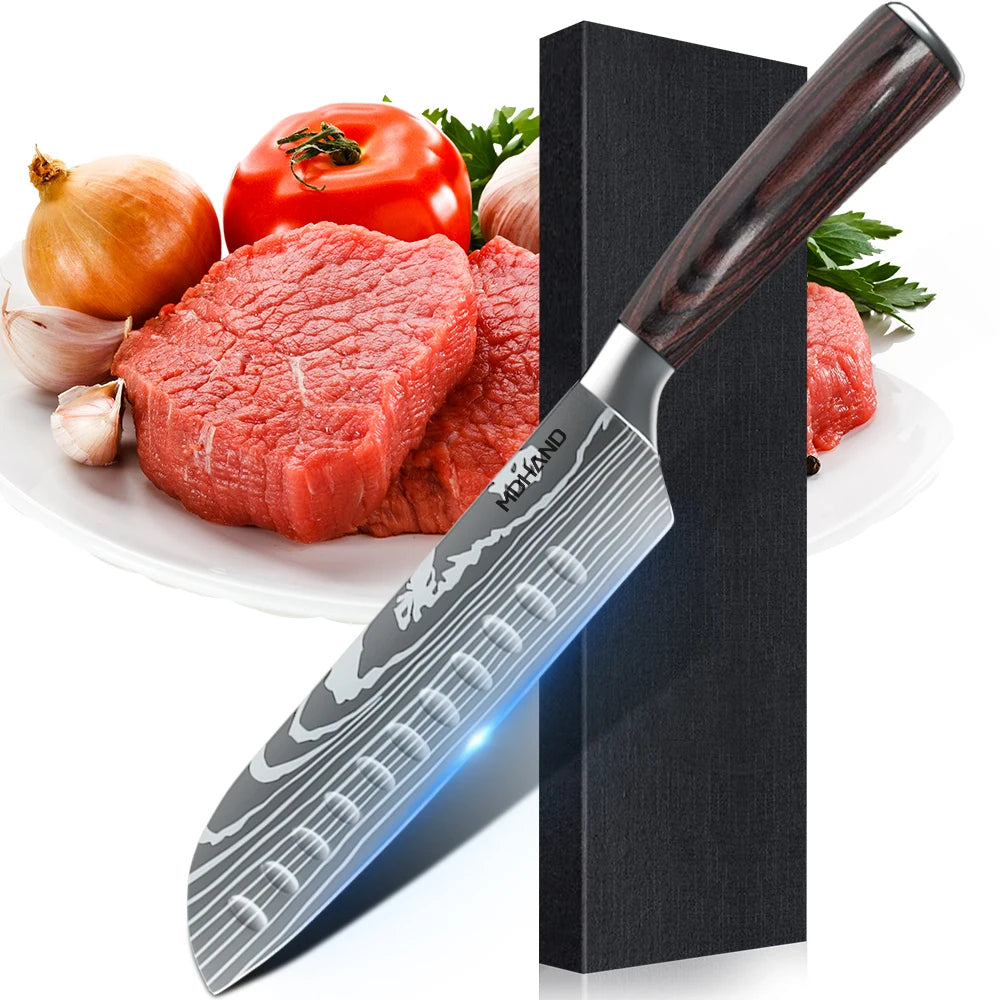 1-10PCS Chef Knife Japanese Kitchen Knives Set Professional Laser Damascus Pattern Stainless Steel Meat Cleaver Slicer Knife