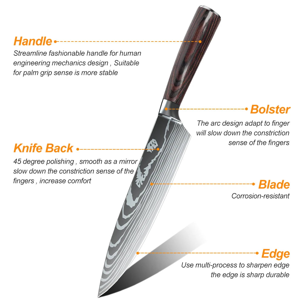 1-10PCS Chef Knife Japanese Kitchen Knives Set Professional Laser Damascus Pattern Stainless Steel Meat Cleaver Slicer Knife