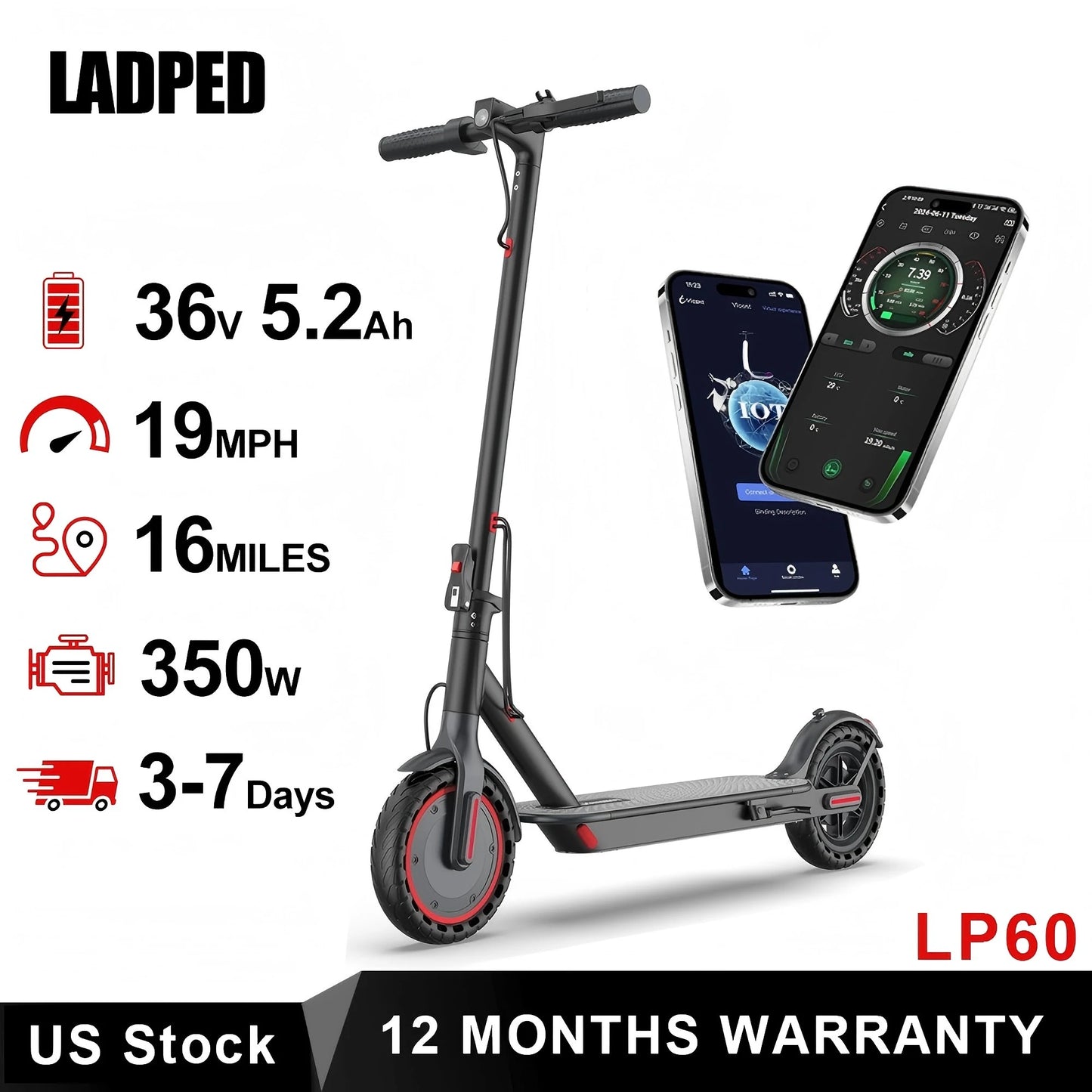 LP60 Electric Scooter 19 MPH Folding 8.5 Inch App Control