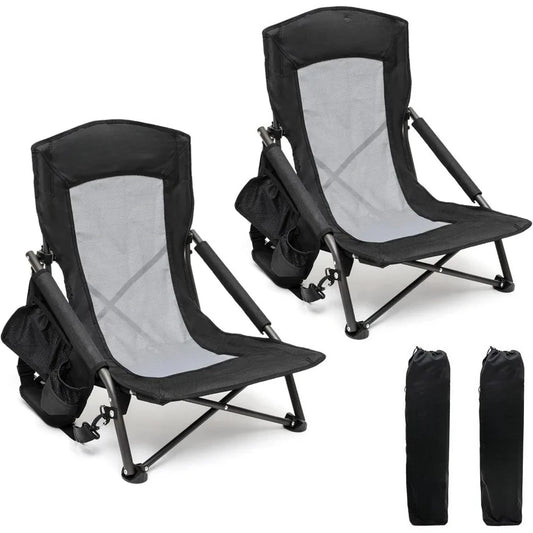 Folding Low Camping Beach Chair 2 Pack Lightweight Portable Lawn Chair with Mesh Back and Cup Holder for Outdoor Travel Picnic