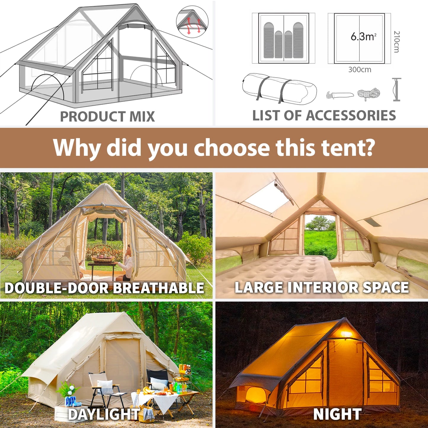 Inflatable Camping Tent 4-6 People 67.81 Square Feet Glamping Tent