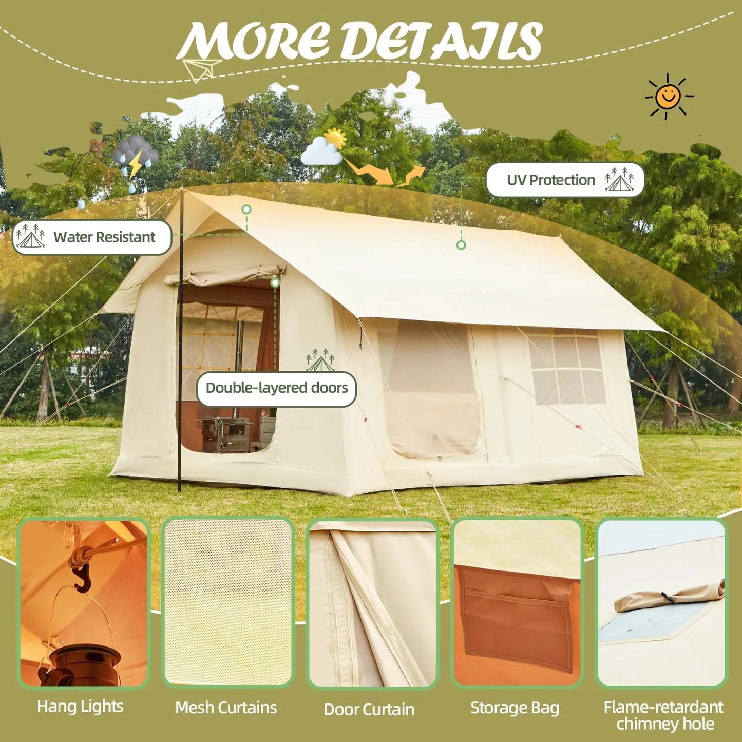 10-12 People Inflatable Tent for Camping 129 Sqft Glamping Tent