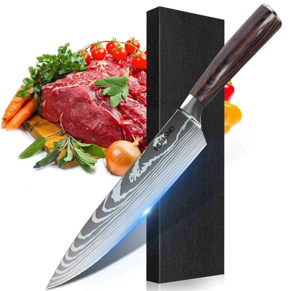 1-10PCS Chef Knife Japanese Kitchen Knives Set Professional Laser Damascus Pattern Stainless Steel Meat Cleaver Slicer Knife