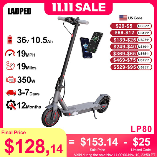 Ladped 350W Electric Scooter Foldable Waterproof Shock Absorbing Anti Skid 19mph