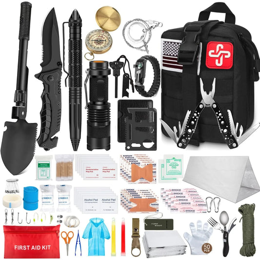 238 Pcs Emergency Survival Kit with Tactical Molle Pouch and Emergency Tent for Earthquake Preparedness