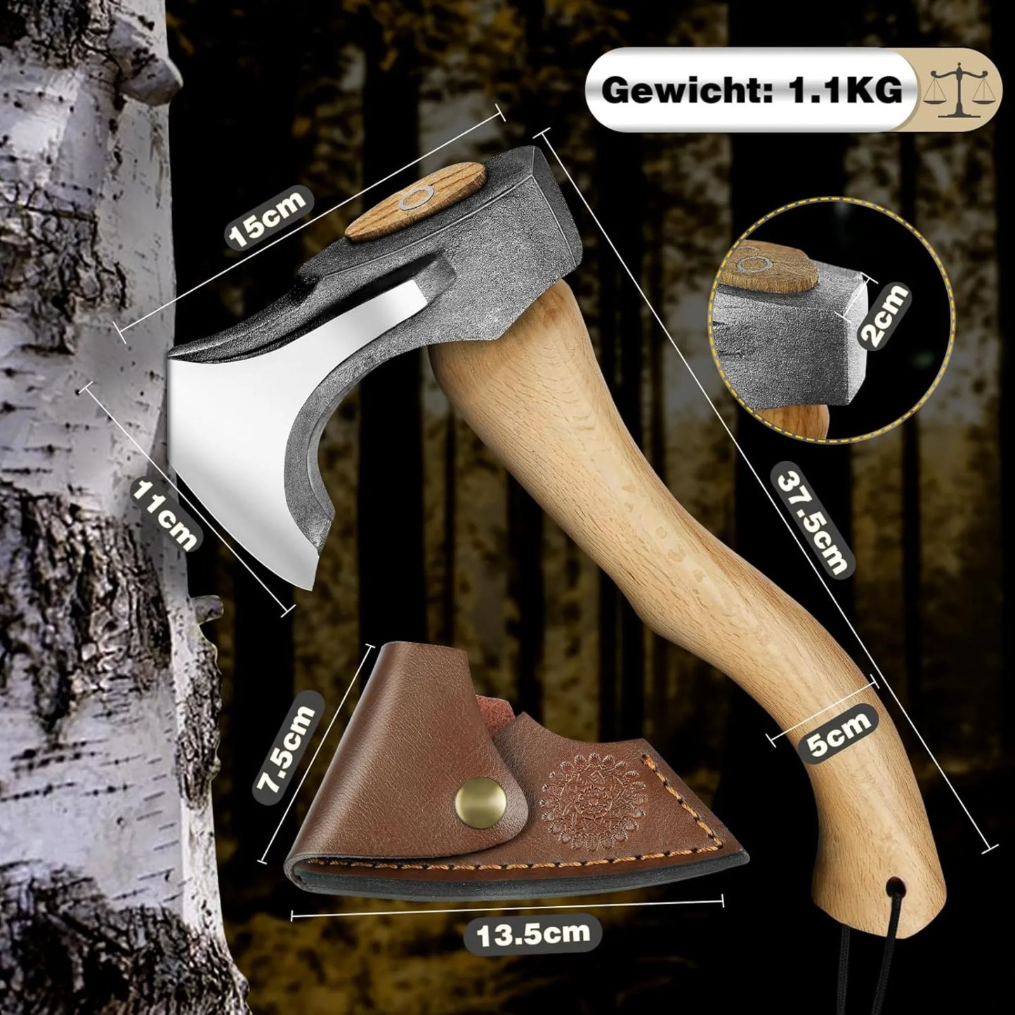 Camping Axe 14.7 Inch Hand Forged Split Axe Outdoor Wood Split Jungle Survival Wooden Handle Axe for Garden and Forest Use