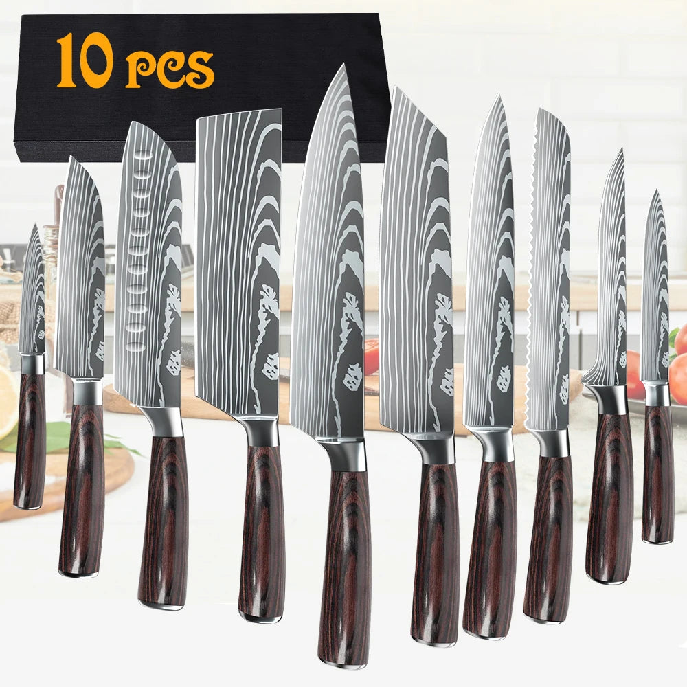 1-10PCS Chef Knife Japanese Kitchen Knives Set Professional Laser Damascus Pattern Stainless Steel Meat Cleaver Slicer Knife