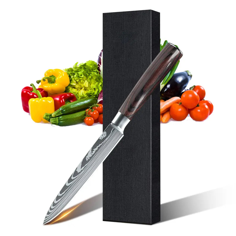 1-10PCS Chef Knife Japanese Kitchen Knives Set Professional Laser Damascus Pattern Stainless Steel Meat Cleaver Slicer Knife